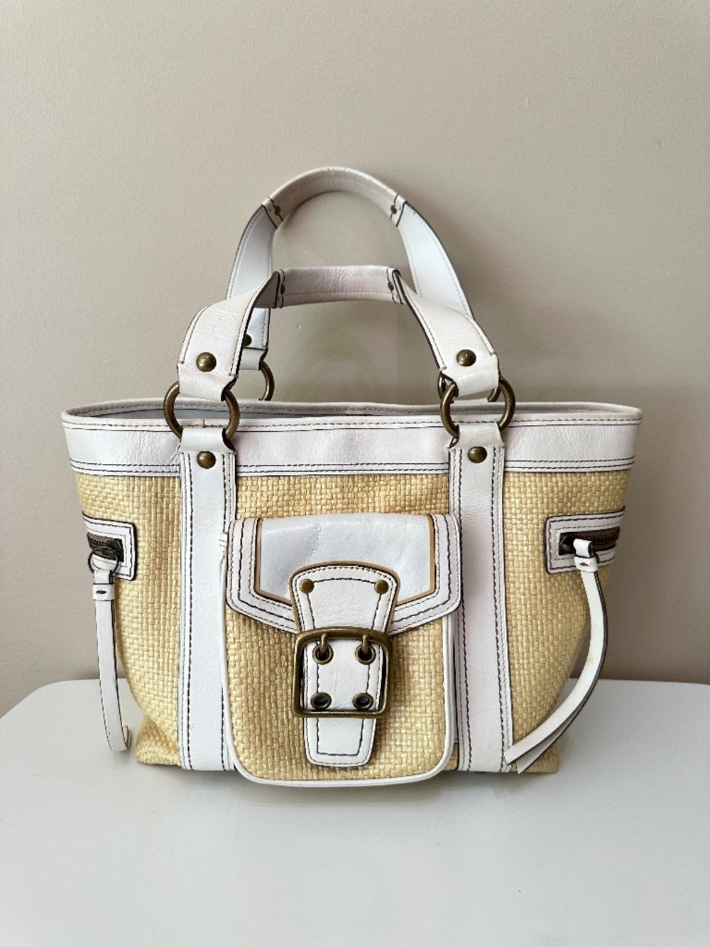 Vintage Coach Legacy Natural Woven Straw & Leather Tote Satchel Handbag
